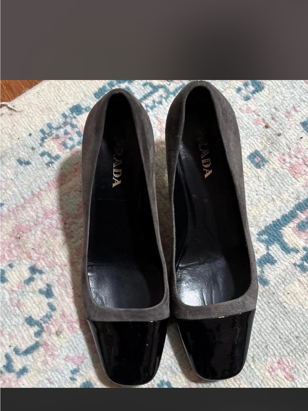 Prada Gray Suede Pumps with Black Patent Toe